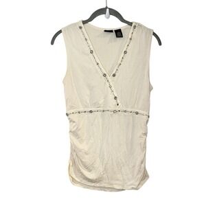 Y2K Tank Top Rhinestone Beaded V-Neck Ruched Fairy‎ Whimsigoth Cream Stretch S